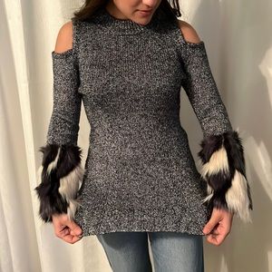 Boston Proper Black & White Cold-Shoulder Sweater with Faux Fur Cuffs